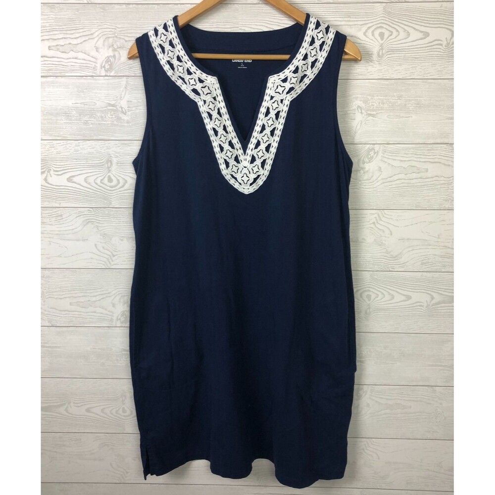 Land's End Women's Large 14/16 Shift Dress Sleeveless Navy Blue V Neck Cotton